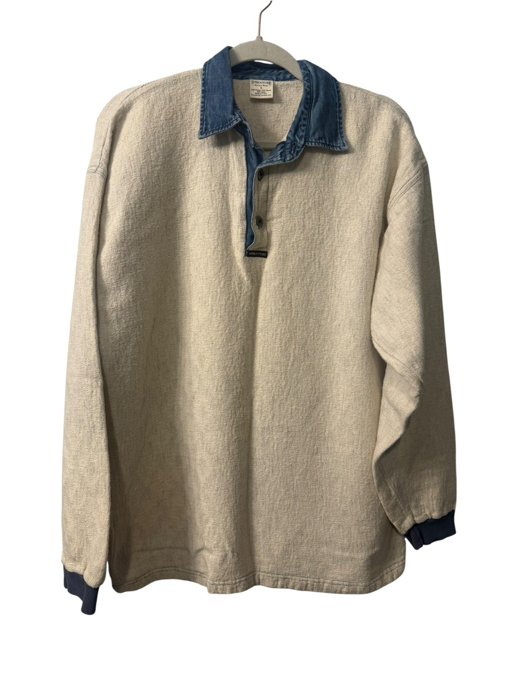 Men’s Vintage Structure Cream Long-Sleeve Shirt with Denim Blue Collar size LG